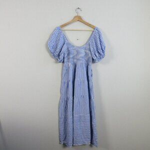Salty Bright Smocked Midi Dress 12 Blue Stripe Cottagecore Bohemian Summer 468
